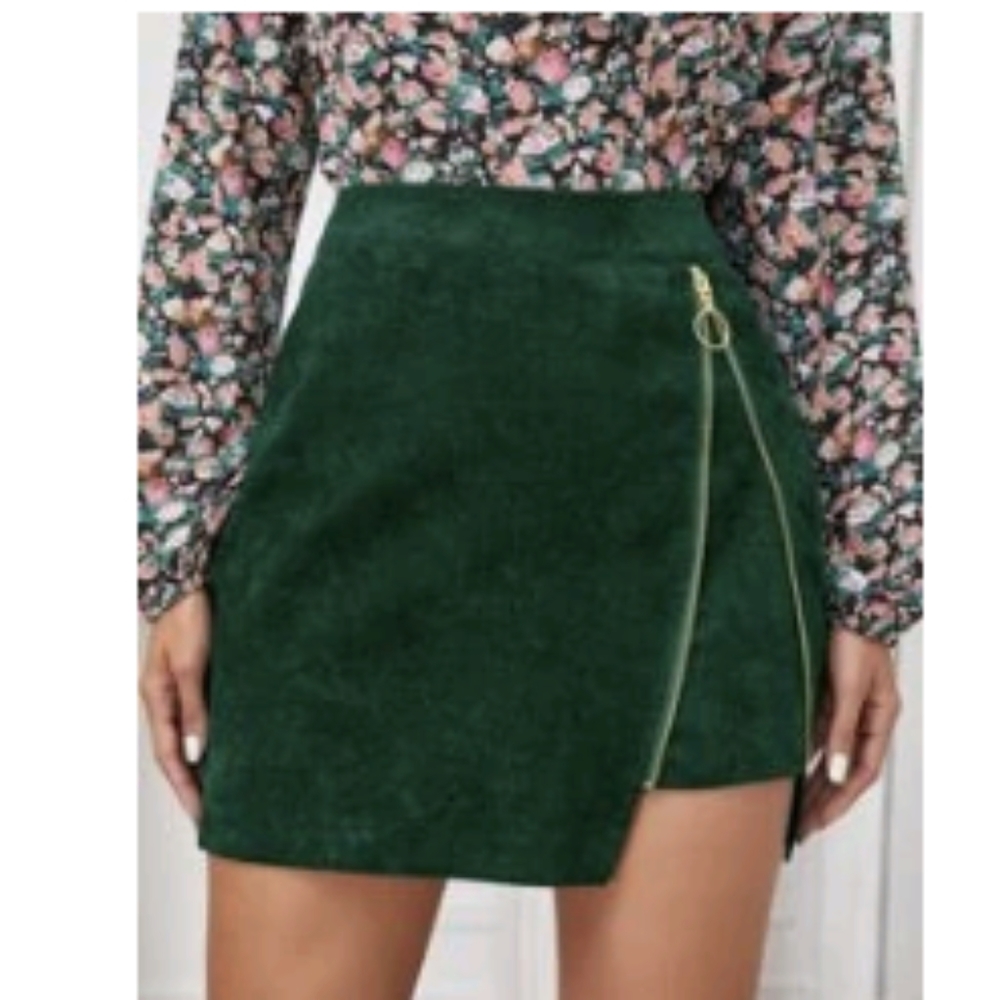 Corduroy Green Side Zipper Mini Skirt